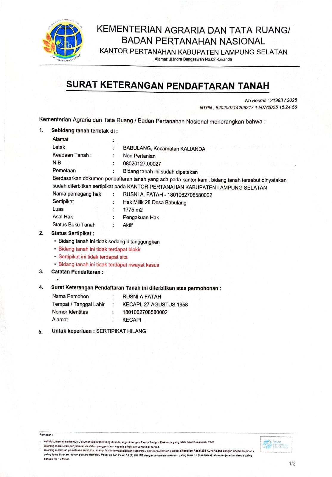 Iklan Kehilangan Sertipikat Tanah