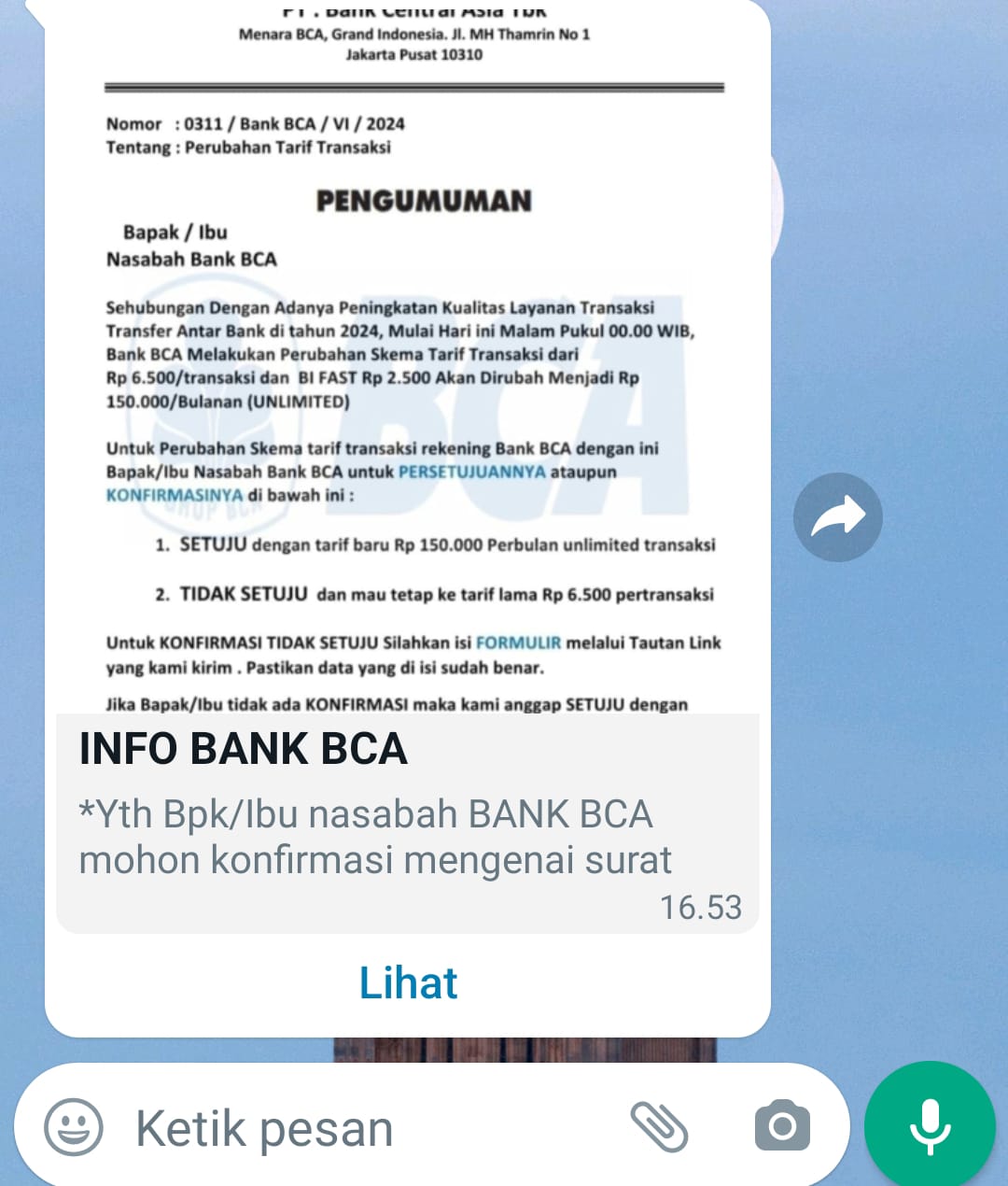 Beredar Pesan Hoaxs di WhatsApp Soal Perubahan Tarif Transaksi Bank BCA