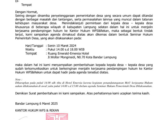 Kegiatan Kades & Kantor Hukum di Hotel Murni Dana Mandiri, Begini Penjelasan Kantor Hukum WFS