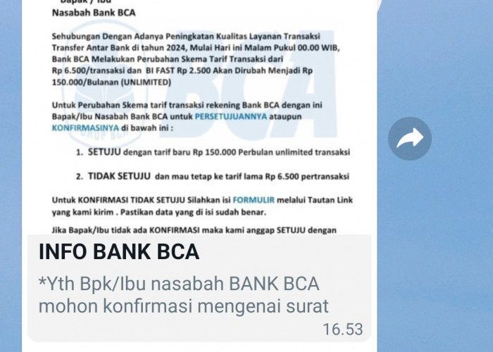 Beredar Pesan Hoaxs di WhatsApp Soal Perubahan Tarif Transaksi Bank BCA
